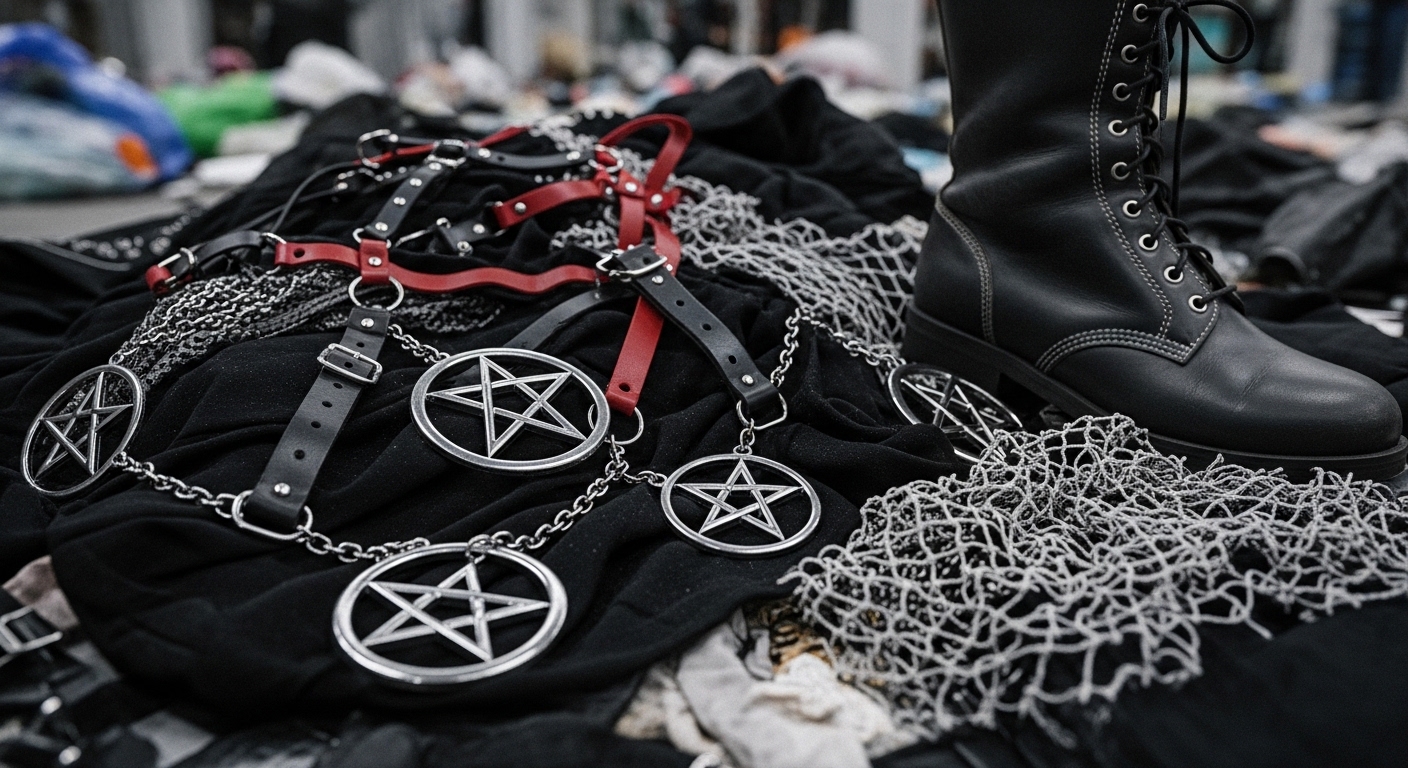 How fast fashion destroys authentic alternative/goth style with cheap, disposable clothing in a landfill.