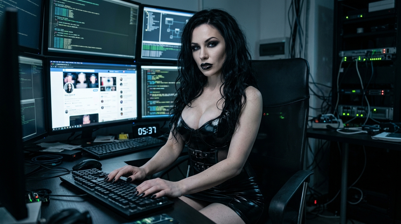 Analyzing digital authenticity and rebellion through Venomous Sin's Noctara Nightscar character in a dark tech hub.