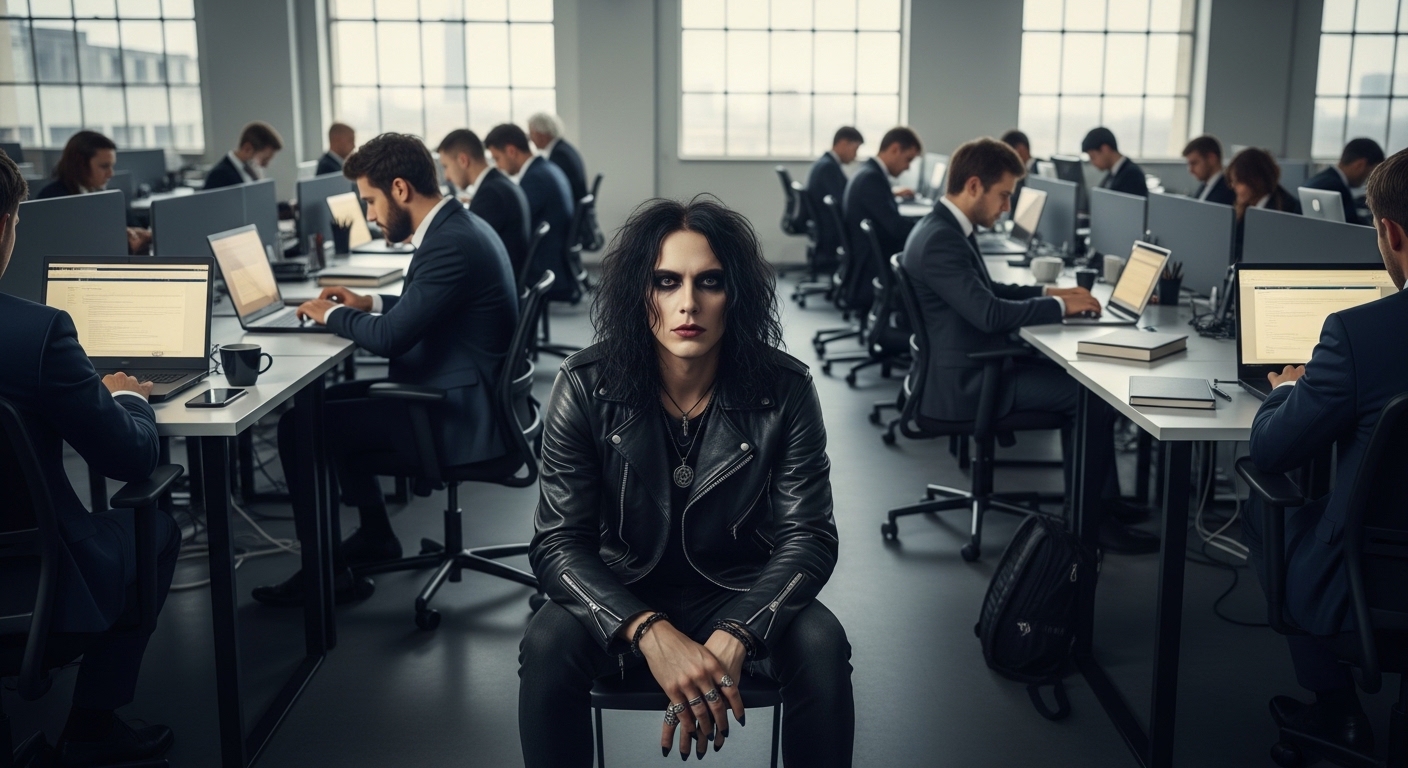 hustle culture as corporate anal-work slavery in a modern office with exhausted workers and one defiant rebel