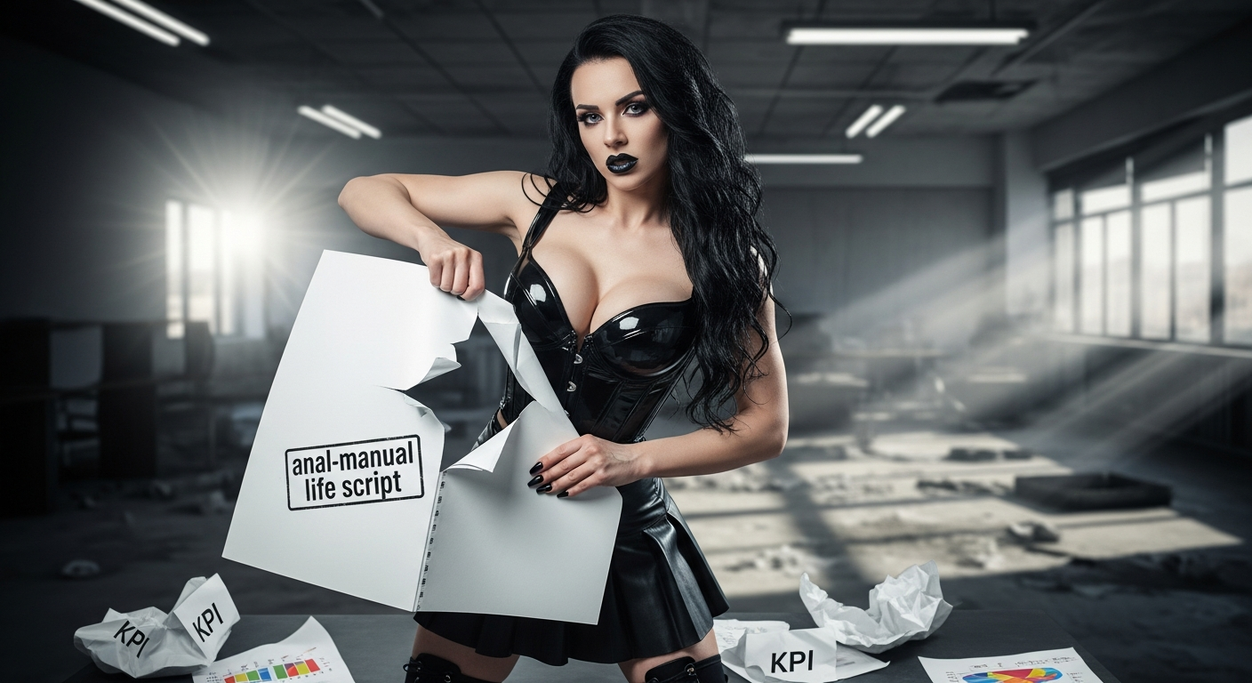Gothic woman destroying anal-manual life script in corporate ladder emptiness
