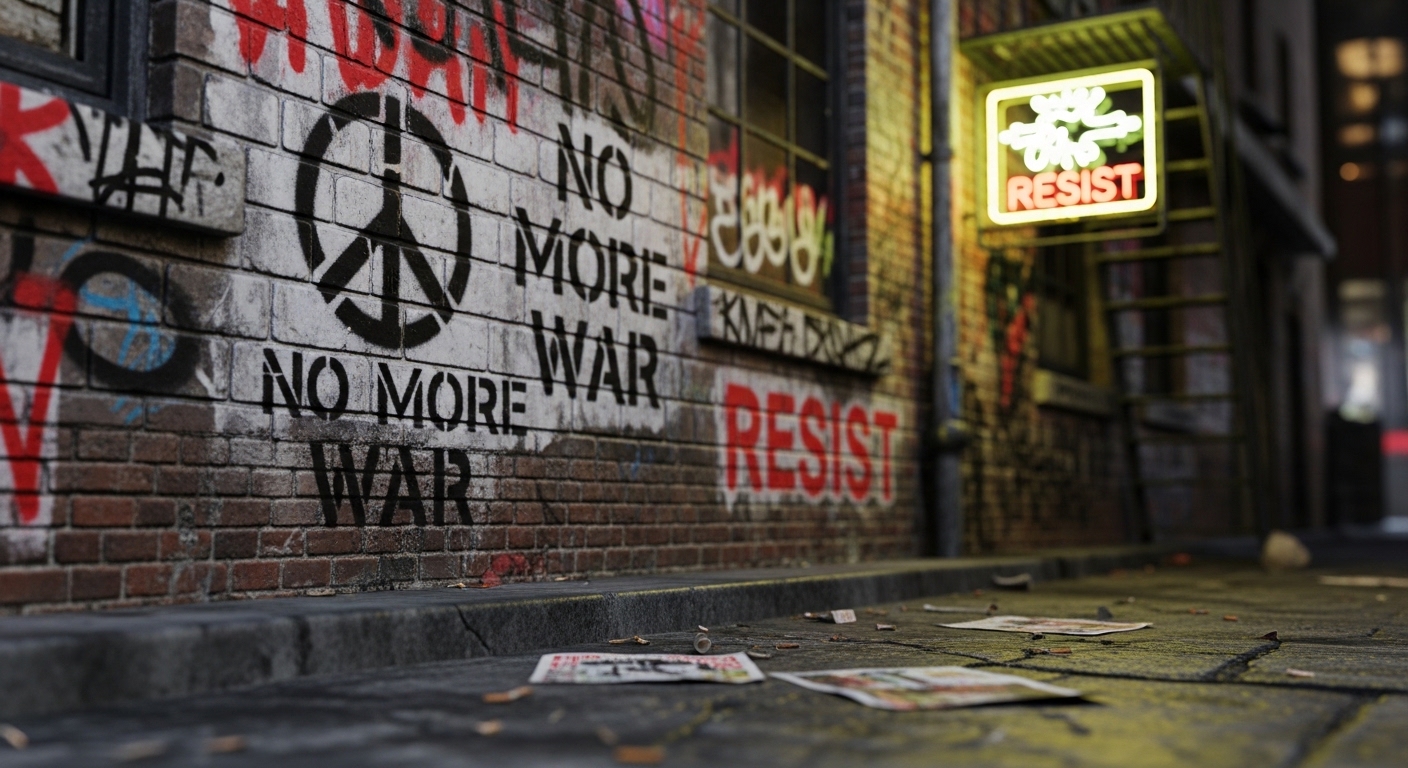 Gritty urban alley representing anti-propaganda metal music