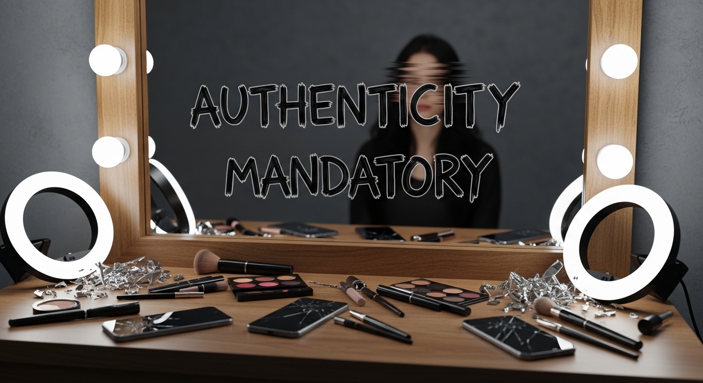 A broken vanity and shattered mirrors representing a social media conformity critique and the rejection of fakes.