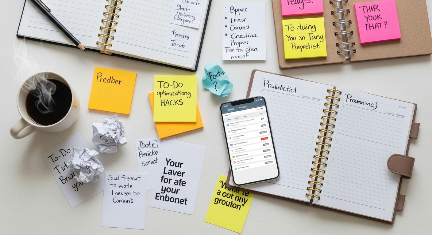 productivity hacks con shown by cluttered desk, planners, and overwhelming notifications