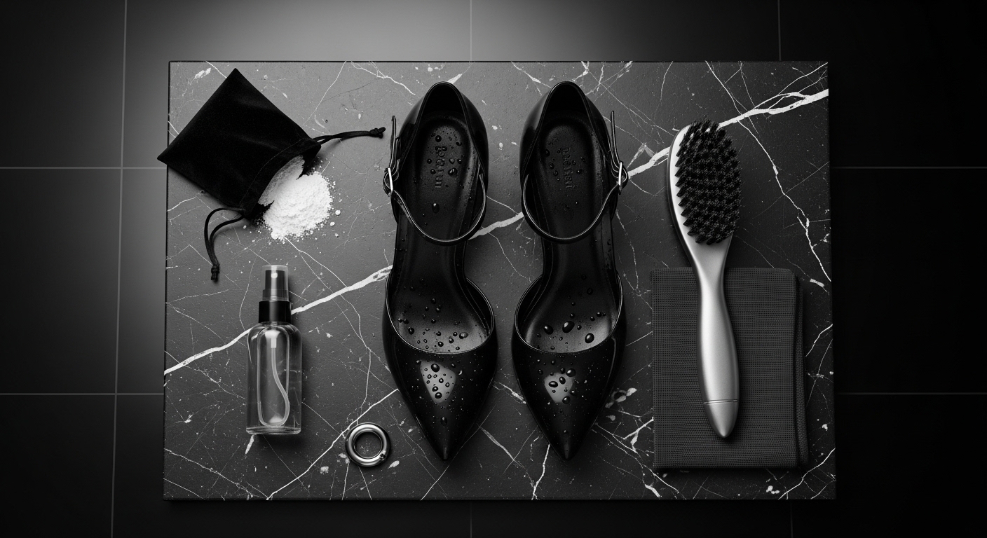 PVC and latex heel care essentials laid out for maintenance, cleaning, and shine preservation in fetish goth footwear