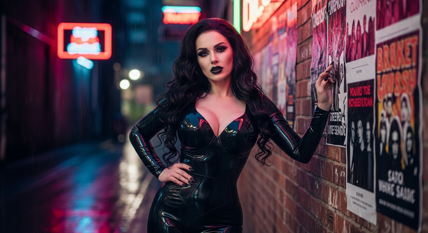 Digital identity analysis depicted through a seductive gothic woman in a rainy neon urban setting.