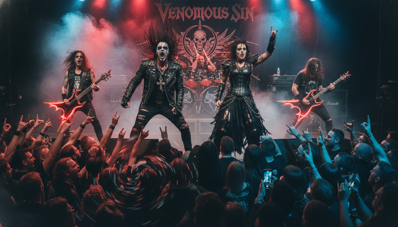 Venomous Sin metal band performing live with fans and influencers in the crowd