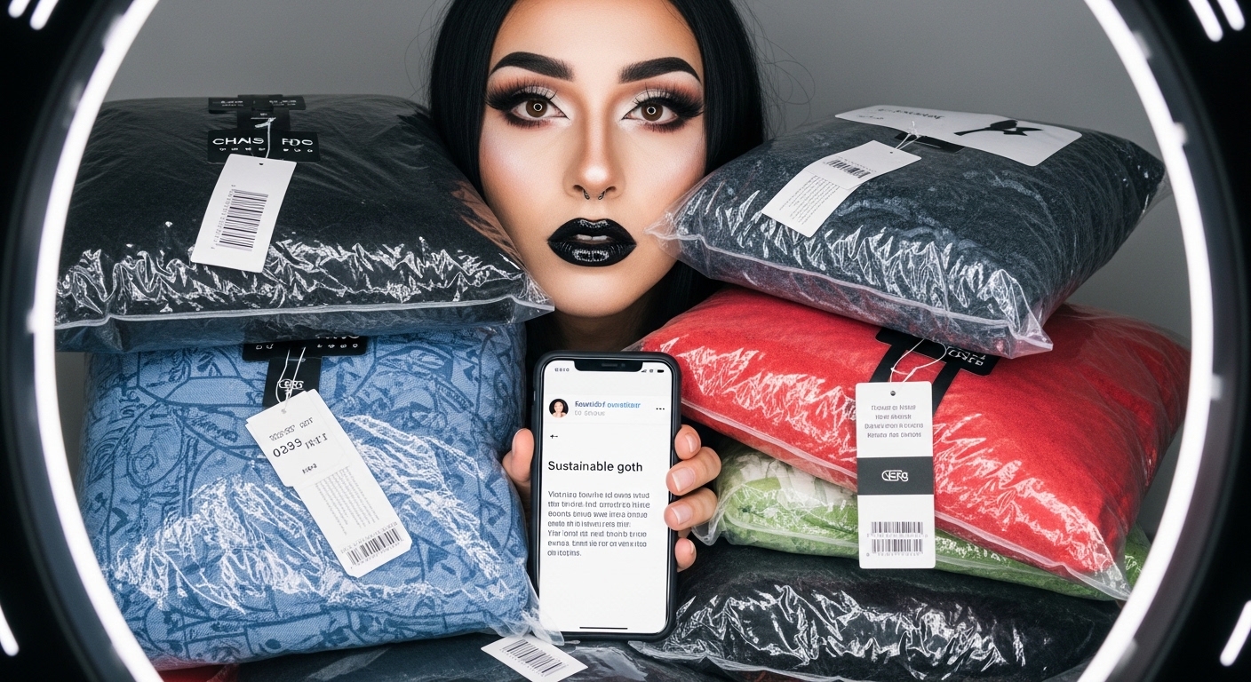 Exposing fuckfluencer greenwashing: eco-friendly claims amidst piles of fast fashion waste.