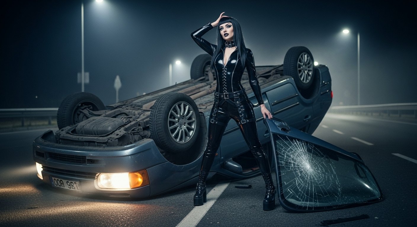 Venomous Sin Poisoned Embrace meaning and real story visualized as a car crash survivor in PVC