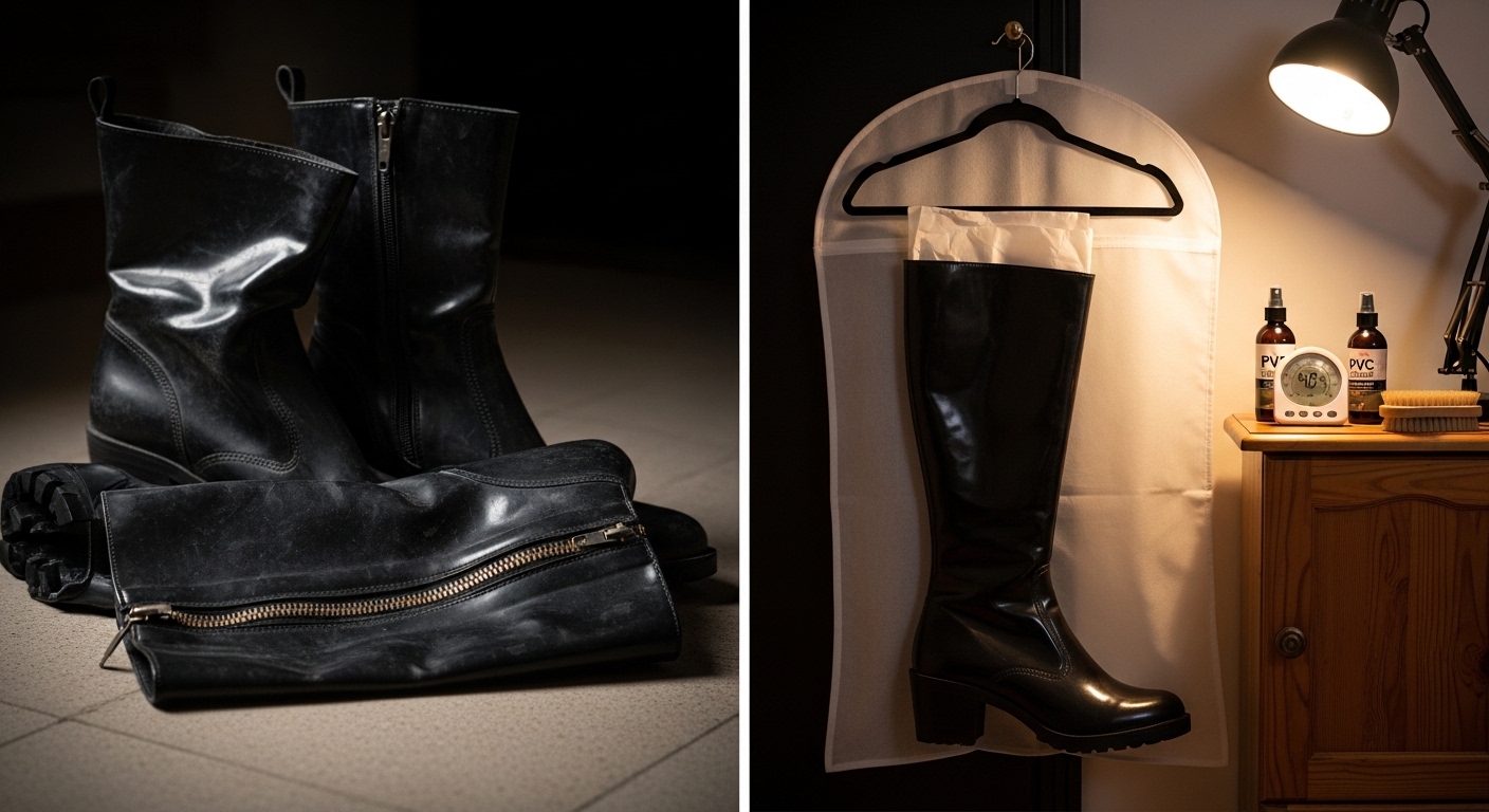 ALT: Buying guide for gothic fetish shoes: proper storage vs neglect showing cracked PVC boots and pristine maintained pairs side by side