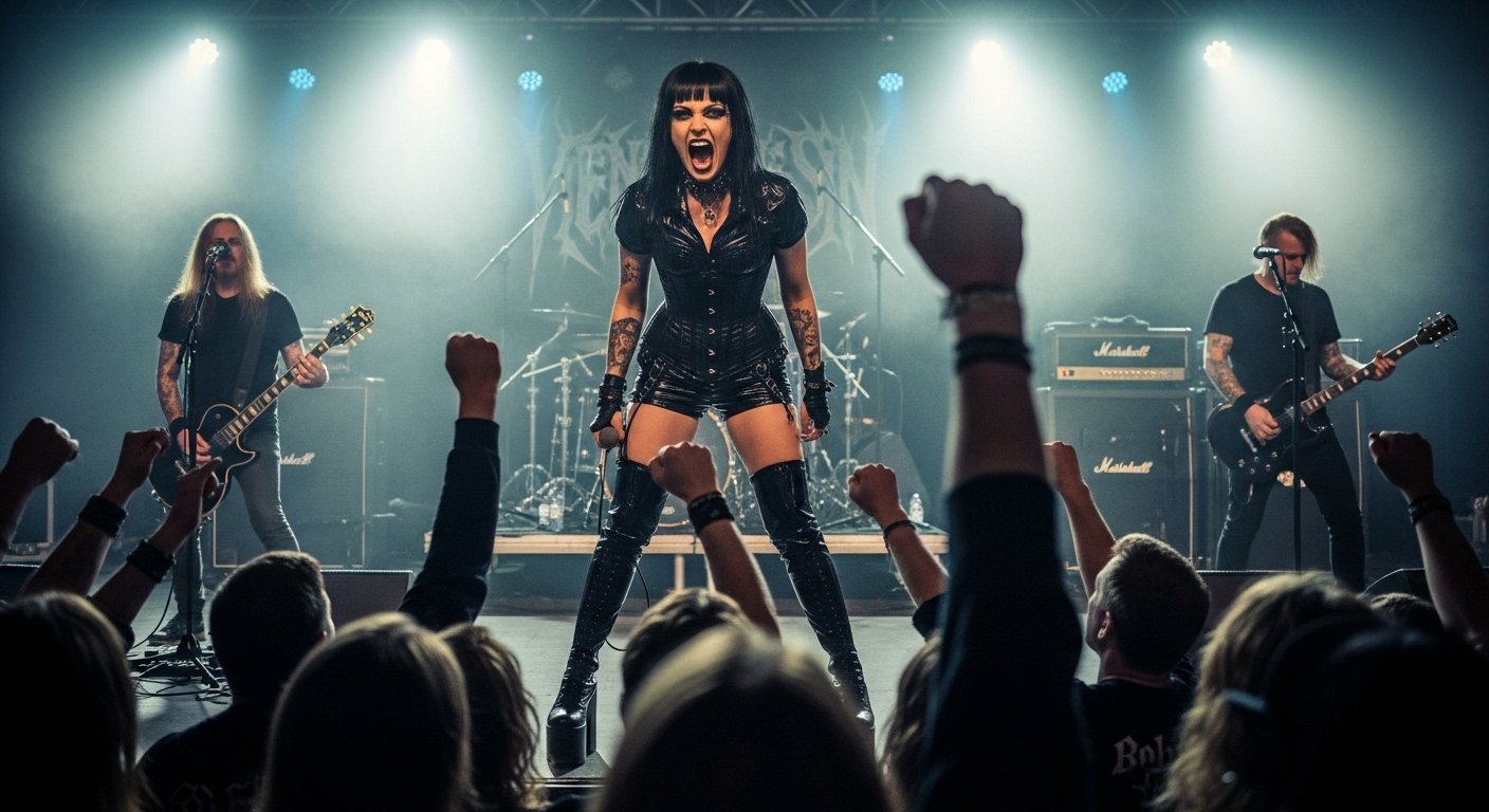 Trauma bonding in music visualized through Lina Macabre’s fierce stage presence at a festival
