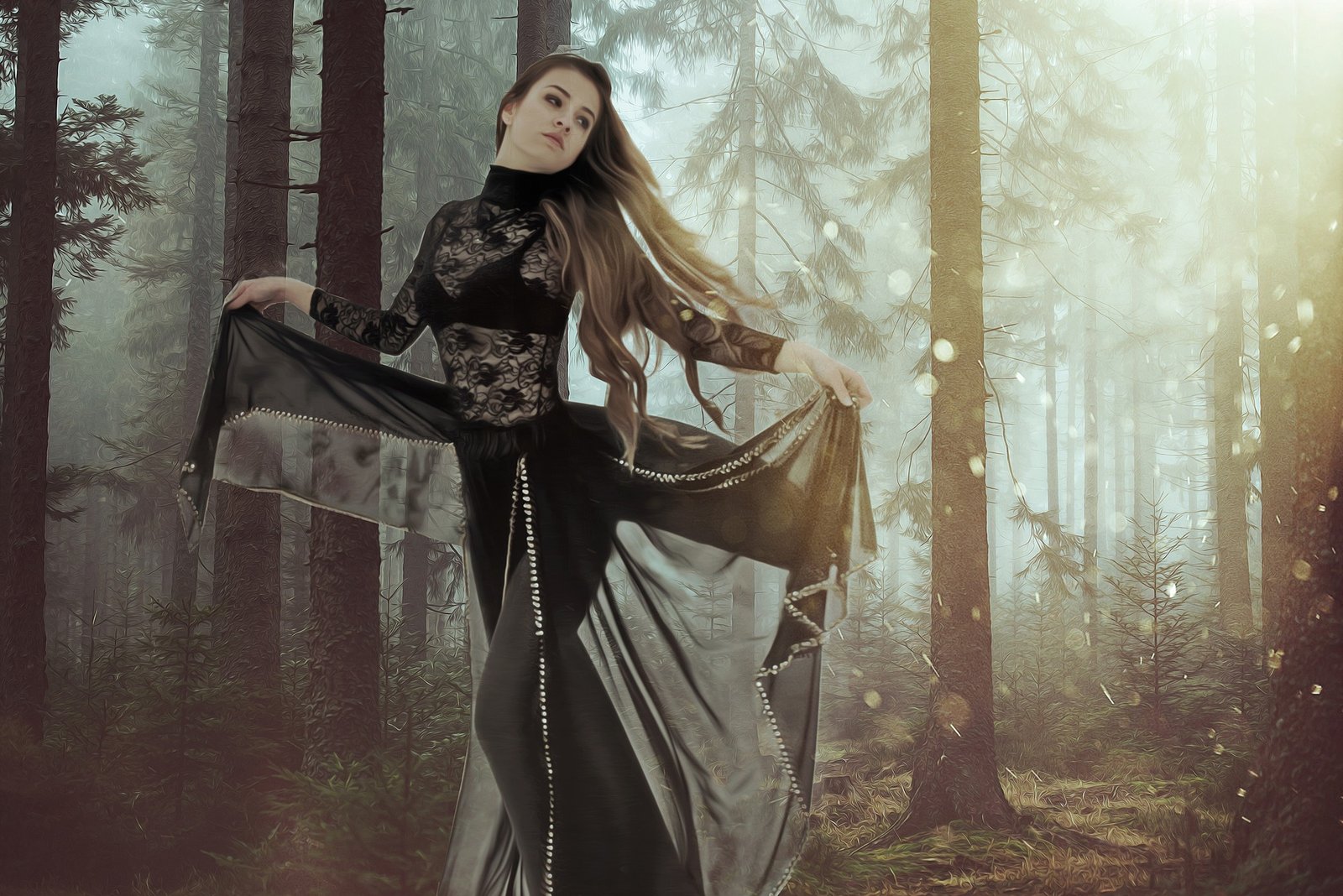 Woman in flowing black lace dress posing in sunlit forest with long hair and sheer fabric.