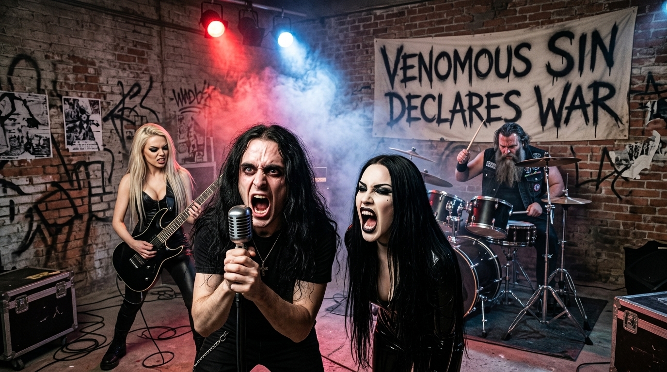 Venomous Sin band performing in an industrial space, declaring war on political correctness with raw metal energy.