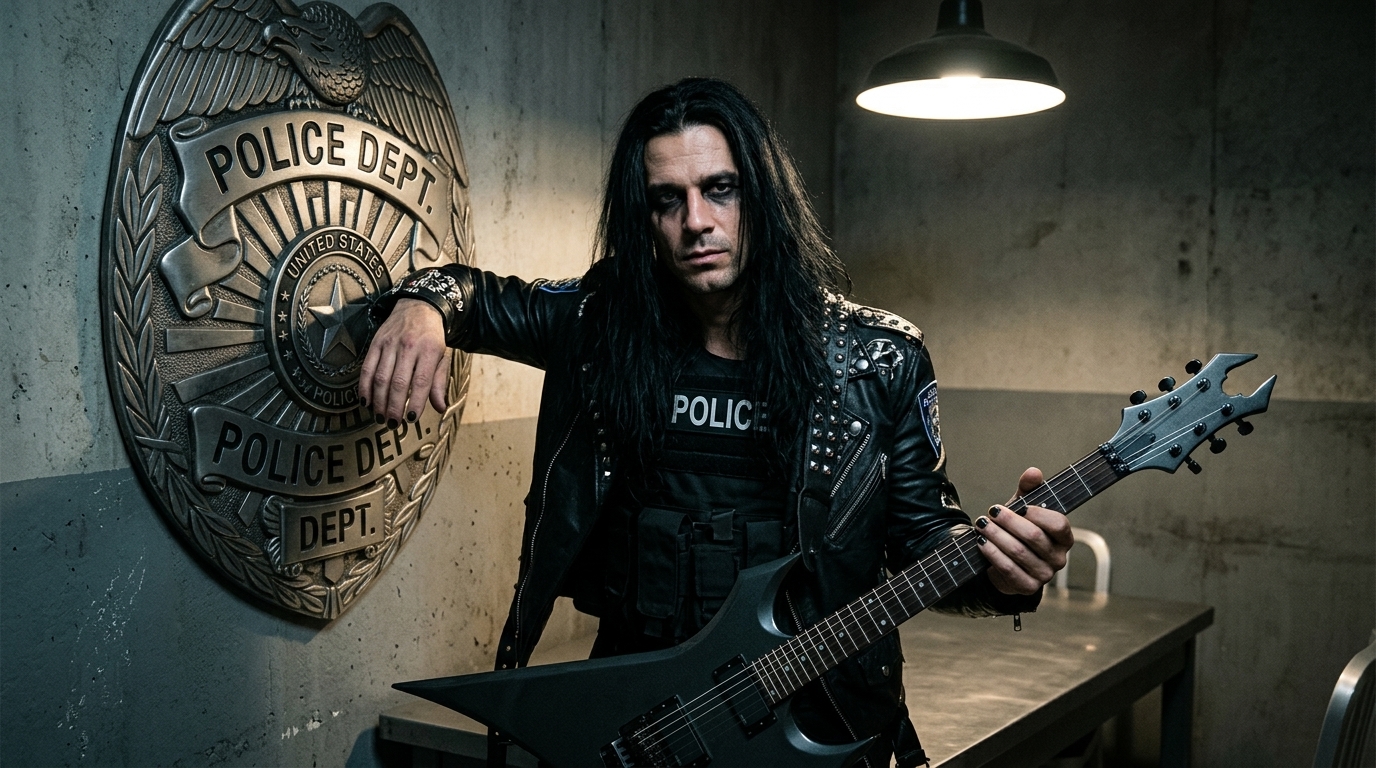 rehabilitation myths exposed in interrogation room with police officer and guitar