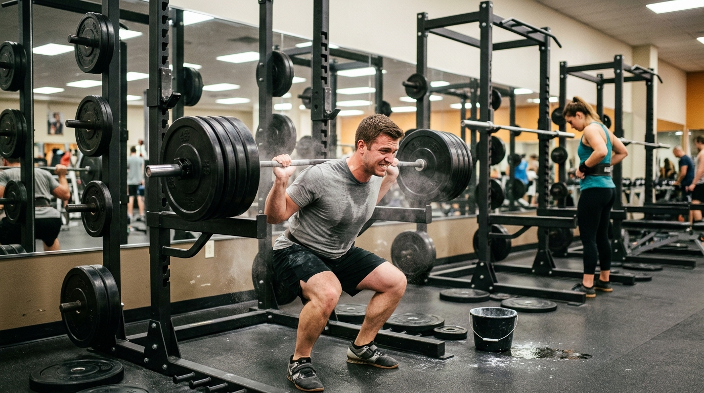 Gym bros blaming women for bad squat form and workout distractions during a failed squat in a commercial gym