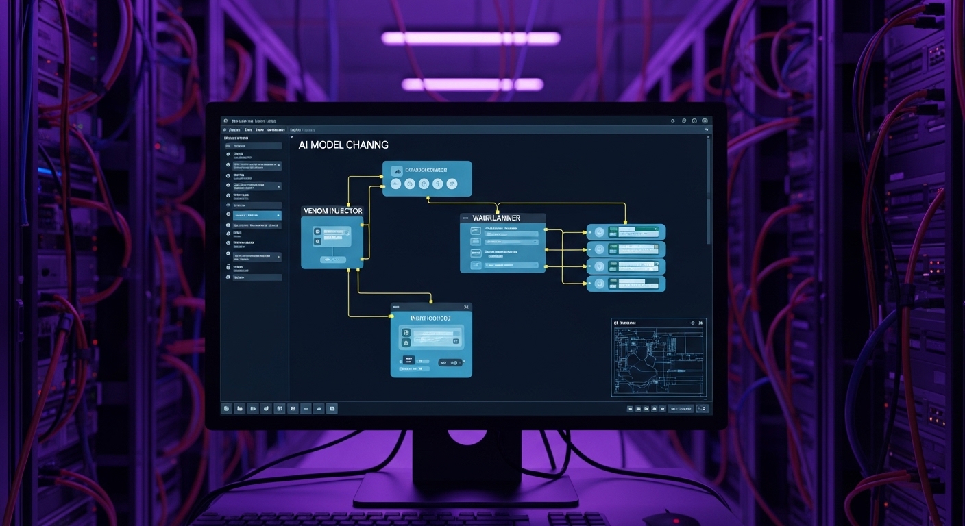 A complex ai model chaining workflow visualized on a professional holographic interface