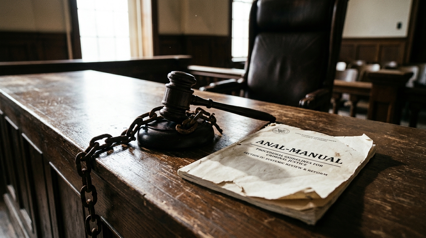 criminal justice reform skepticism shown by broken chain and anal-manual in courtroom