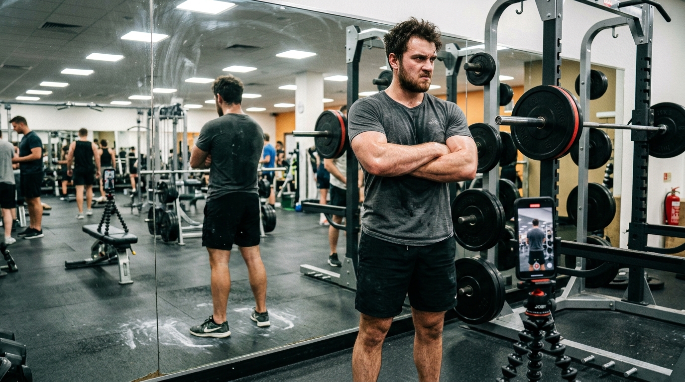 Gym blame culture shown by a lifter blaming others instead of checking his squat form in the mirror