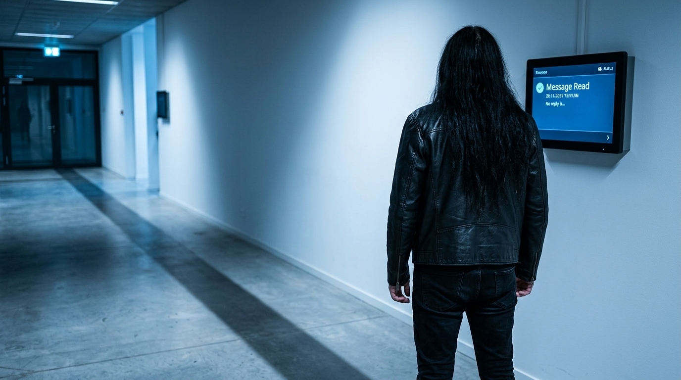 A man facing a silent screen illustrating the ghosting protocol.