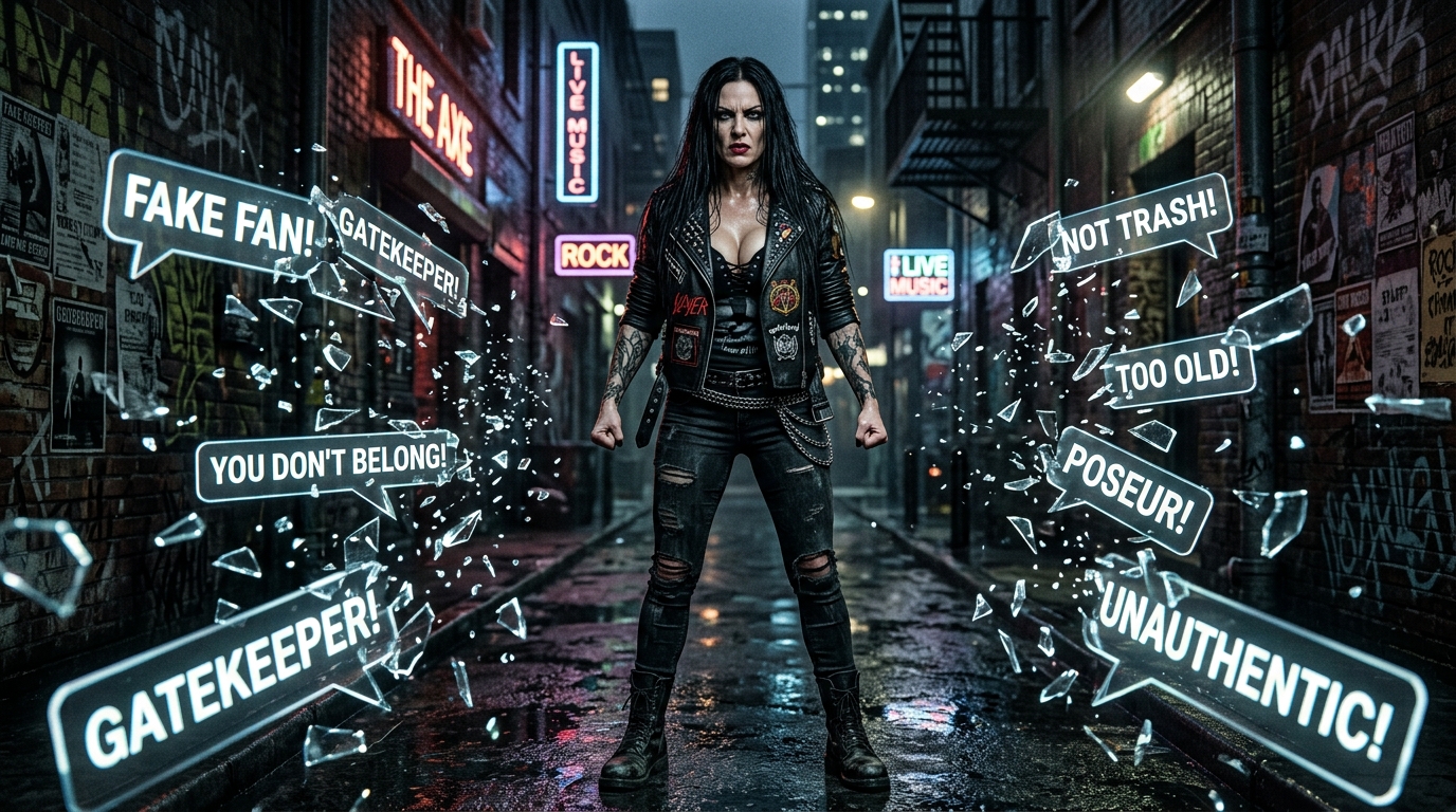 Cringelectuals and gatekeepers in modern discourse facing a defiant metalhead.