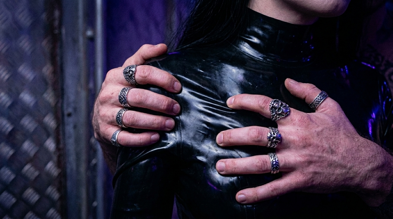 A close-up of sensory amplification in fetish wear highlighting the tactile connection and pressure of rubber.