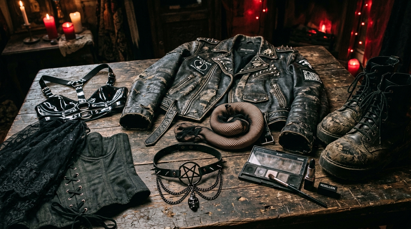 Alternative gothic fashion rebellion with leather jacket, latex harness and ritual accessories