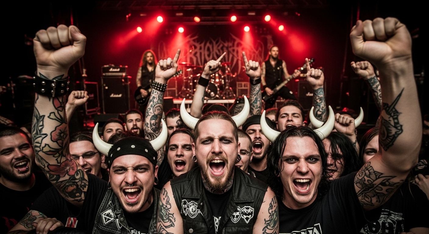 Diverse crowd of Venomous Sin sinners in a mosh pit, celebrating individuality and anti-conformity at a live metal show.