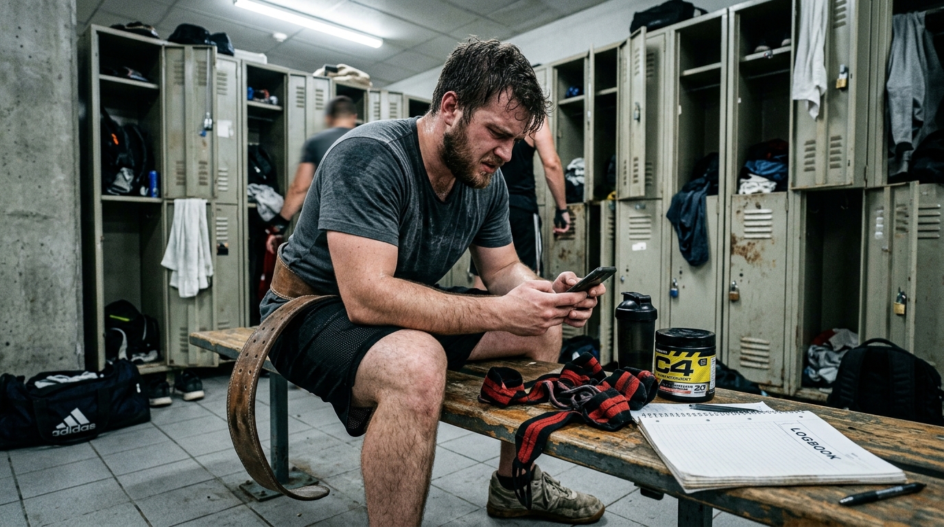 Fitness excuses men use after a bad workout, shown by a frustrated lifter scrolling for scapegoats in the locker room