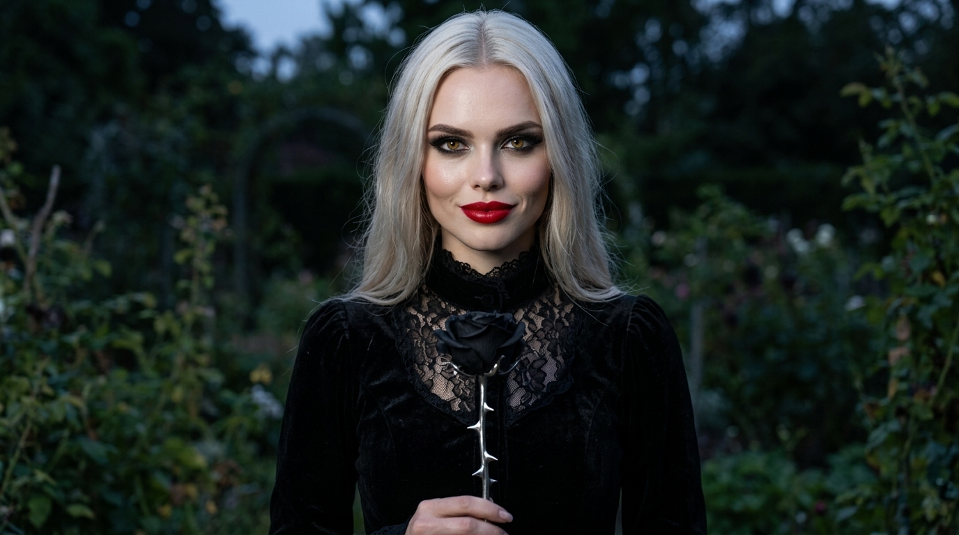 A woman with a fake smile holding a thorny rose for weaponized compliments.