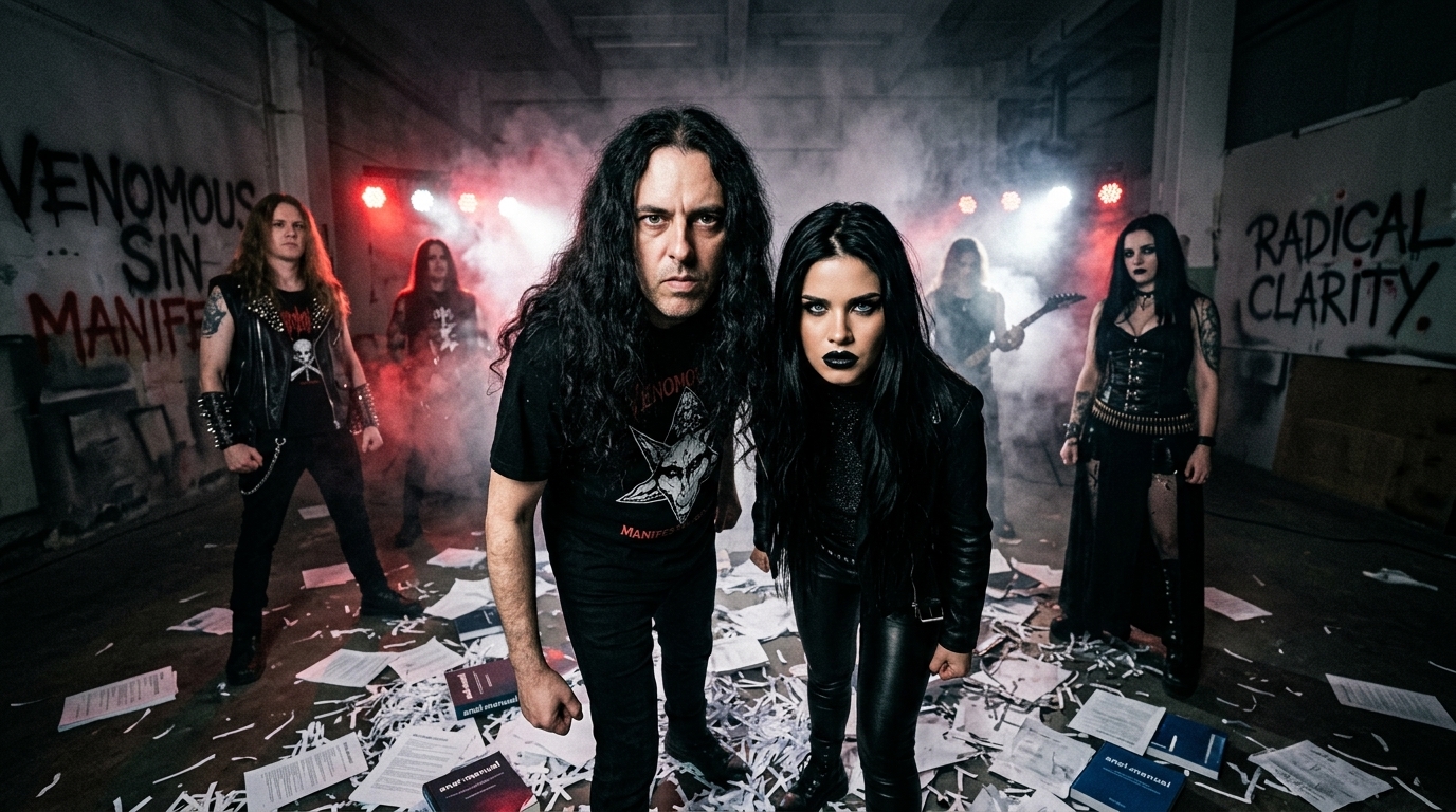 A metal band standing on shredded papers for the Venomous Sin manifesto.