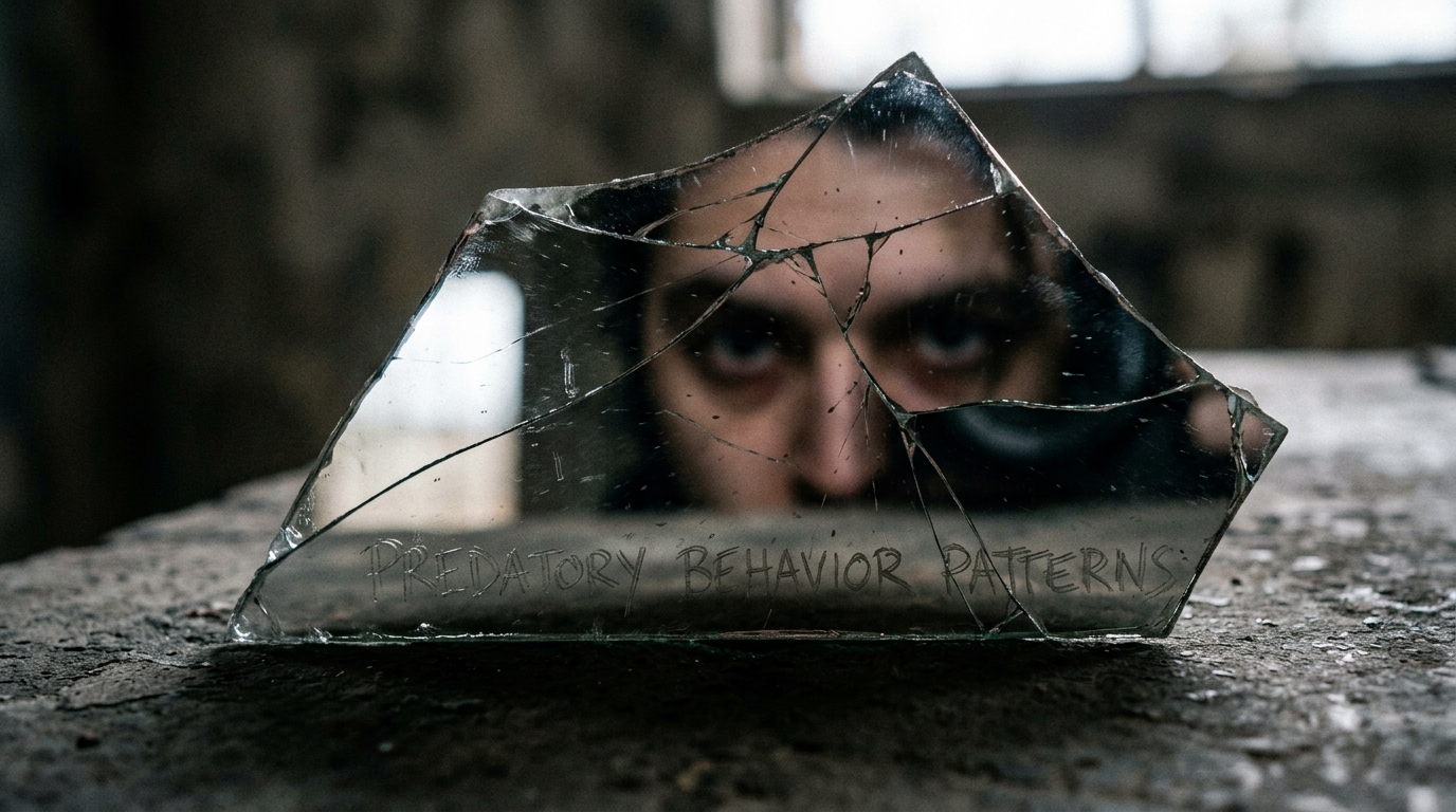 predatory behavior patterns highlighted in shattered mirror close-up