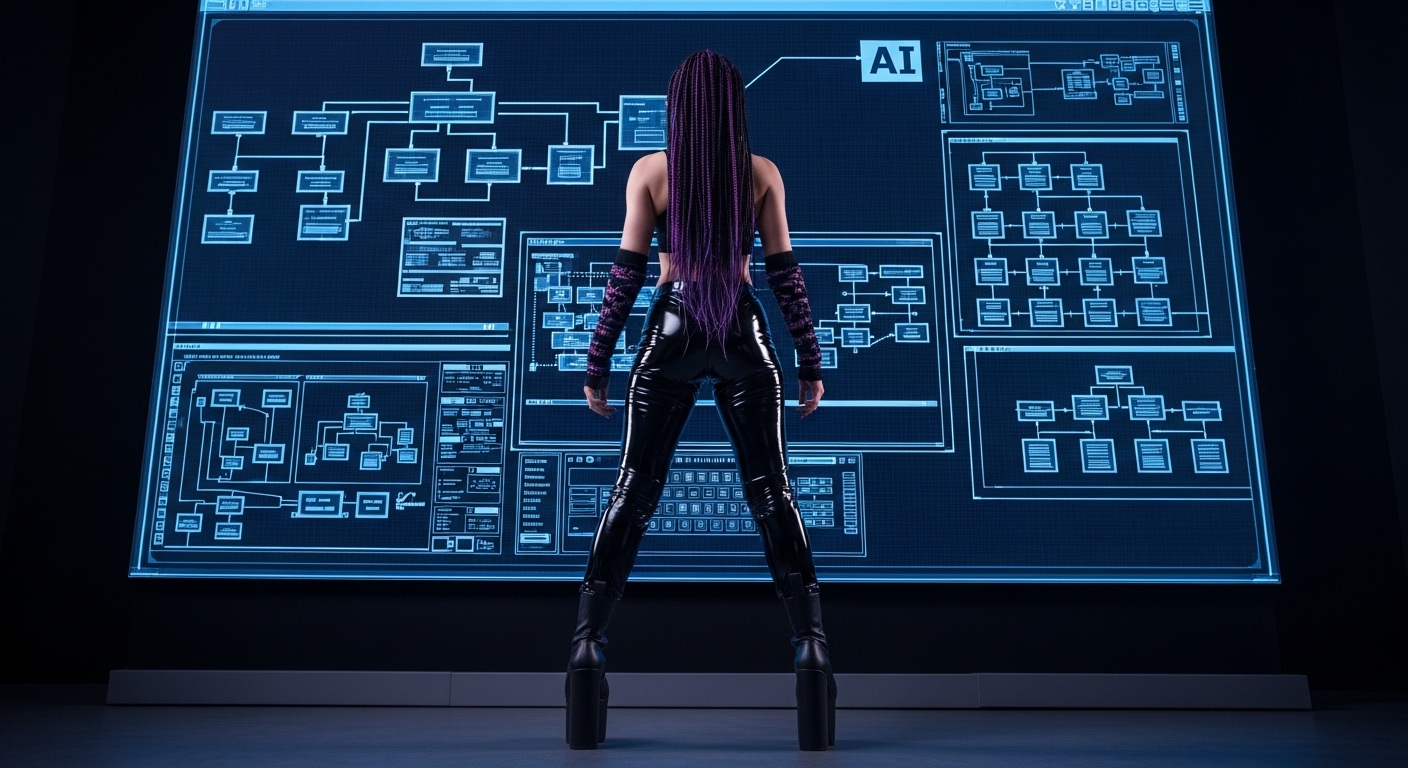 Cybergoth hacker analyzing the reality behind prompt engineering hype in a dark server room
