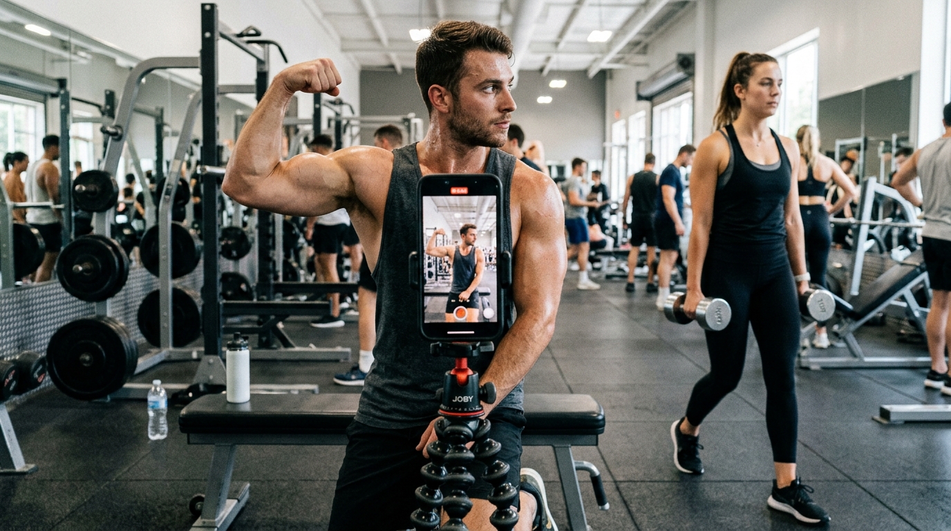 Thirst trap hypocrisy in the gym as a man films flex content while complaining about women being distractions