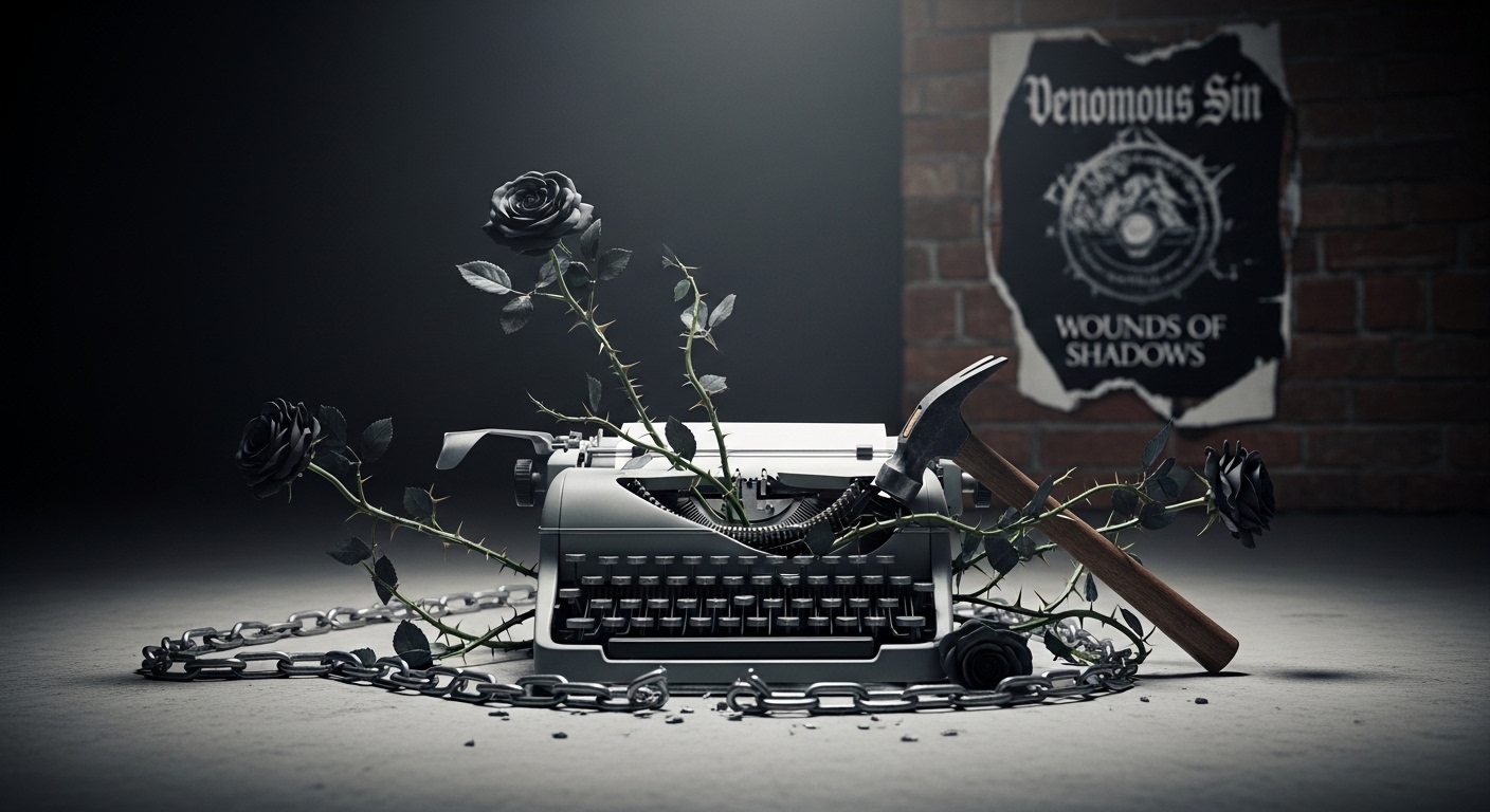 Symbolic still life of a smashed typewriter with growing black roses, representing the Venomous Sin rebellion against creative constraints.