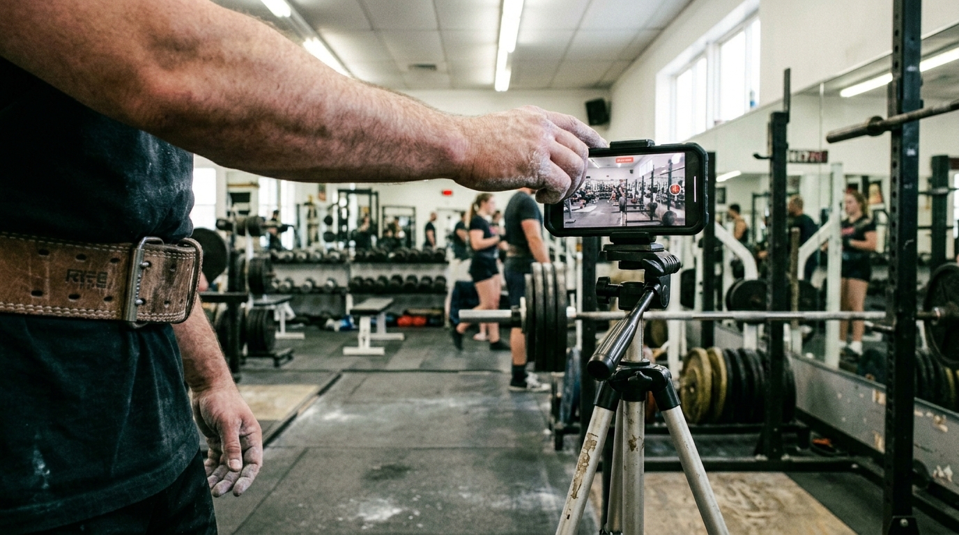 Social media gym validation shown by a tripod filming a squat rack while training takes a back seat