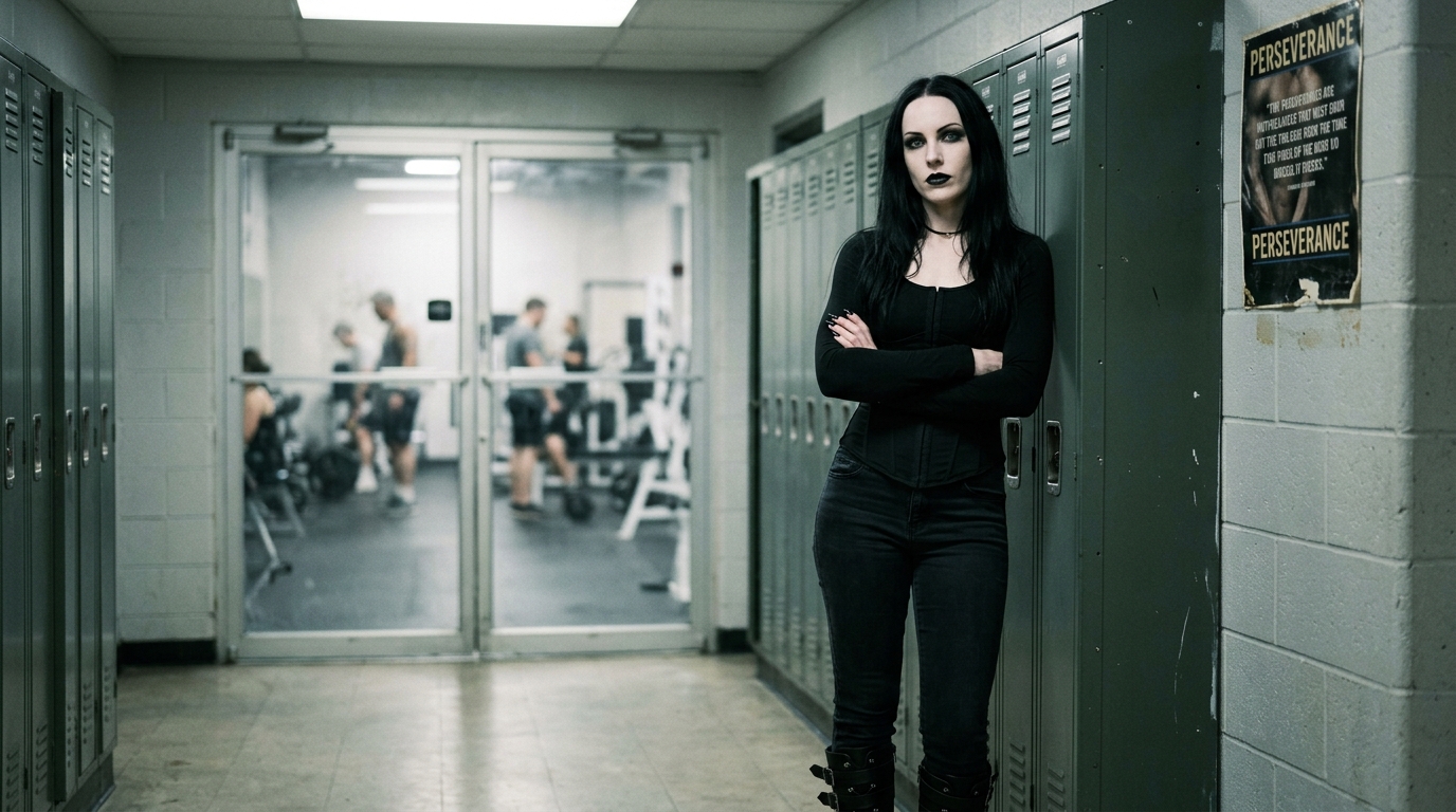 Lina macabre blame roast energy: a gothic woman giving a cold stare at men who blame women for their gym failures