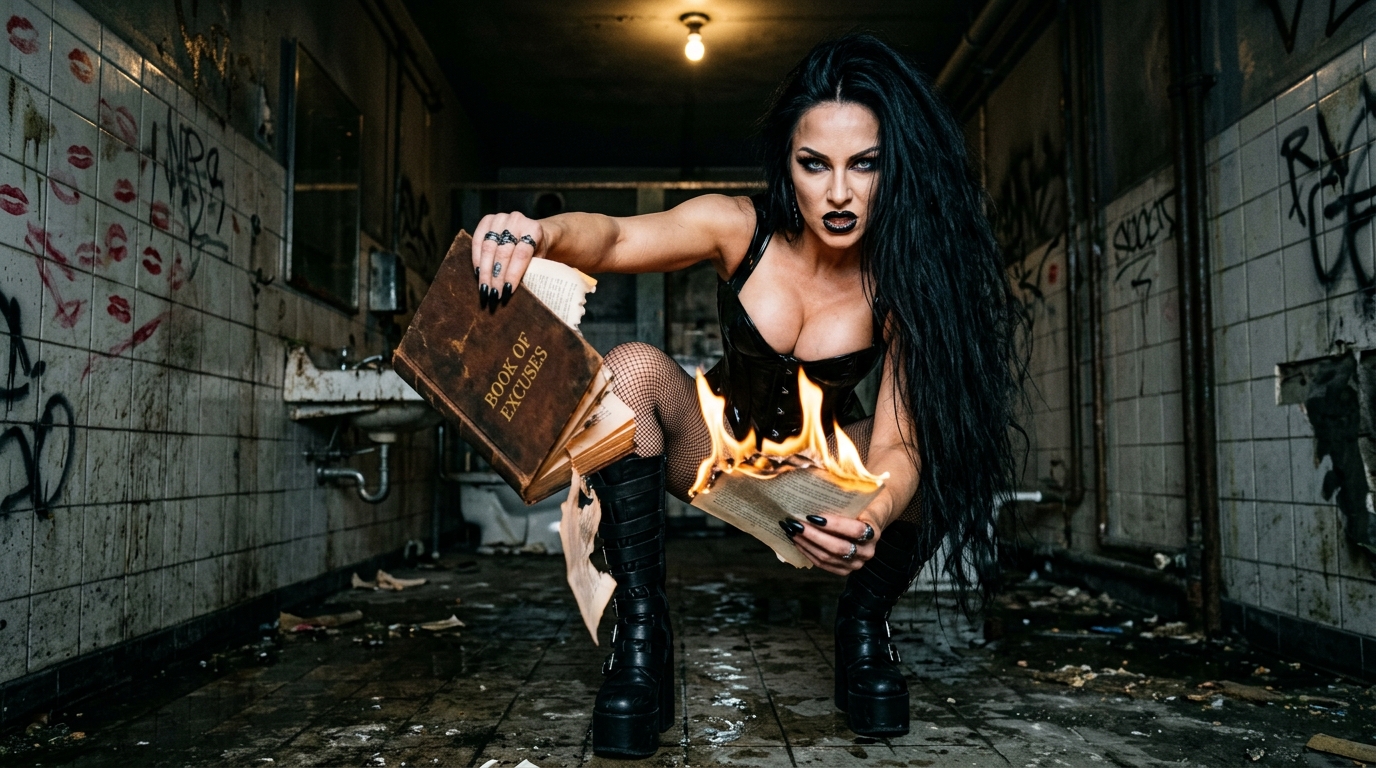 Venomous Sin guide to brutal self-ownership and personal rebellion: gothic woman burning excuses in defiant bathroom ritual