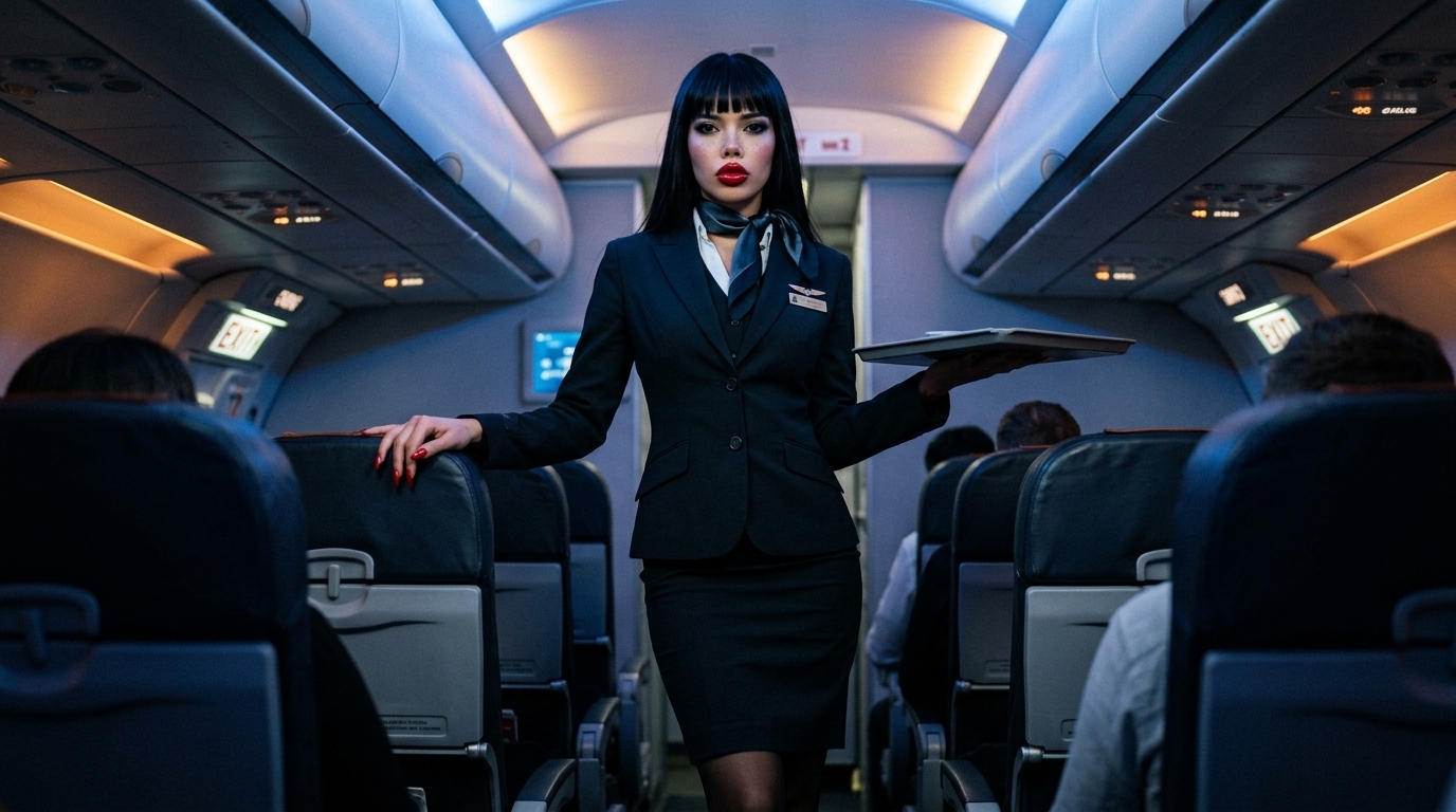 Zariel Graveborn journey from flight attendant to dominatrix in Venomous Sin shown in a dark airline cabin