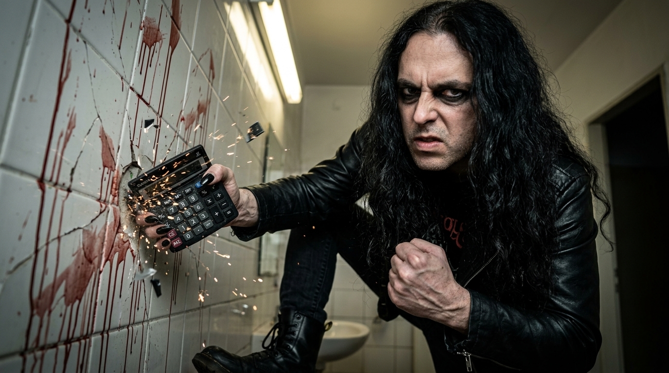 Venomous Sin Declares War: metalhead man crucifucking calculator in raw rebellion against conformity