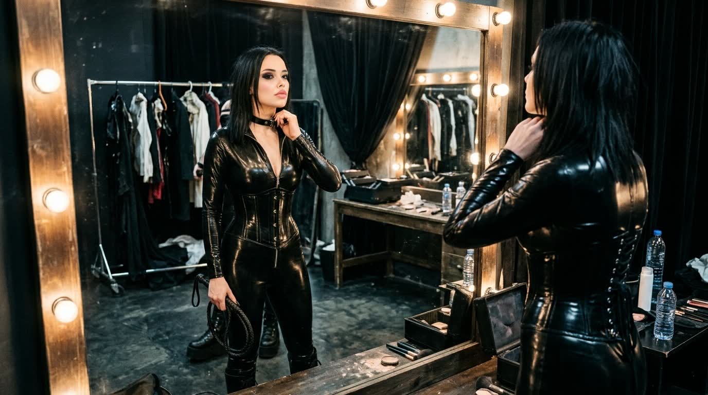 Zariel Graveborn backstory expressed through a backstage transformation into a latex-clad dominatrix