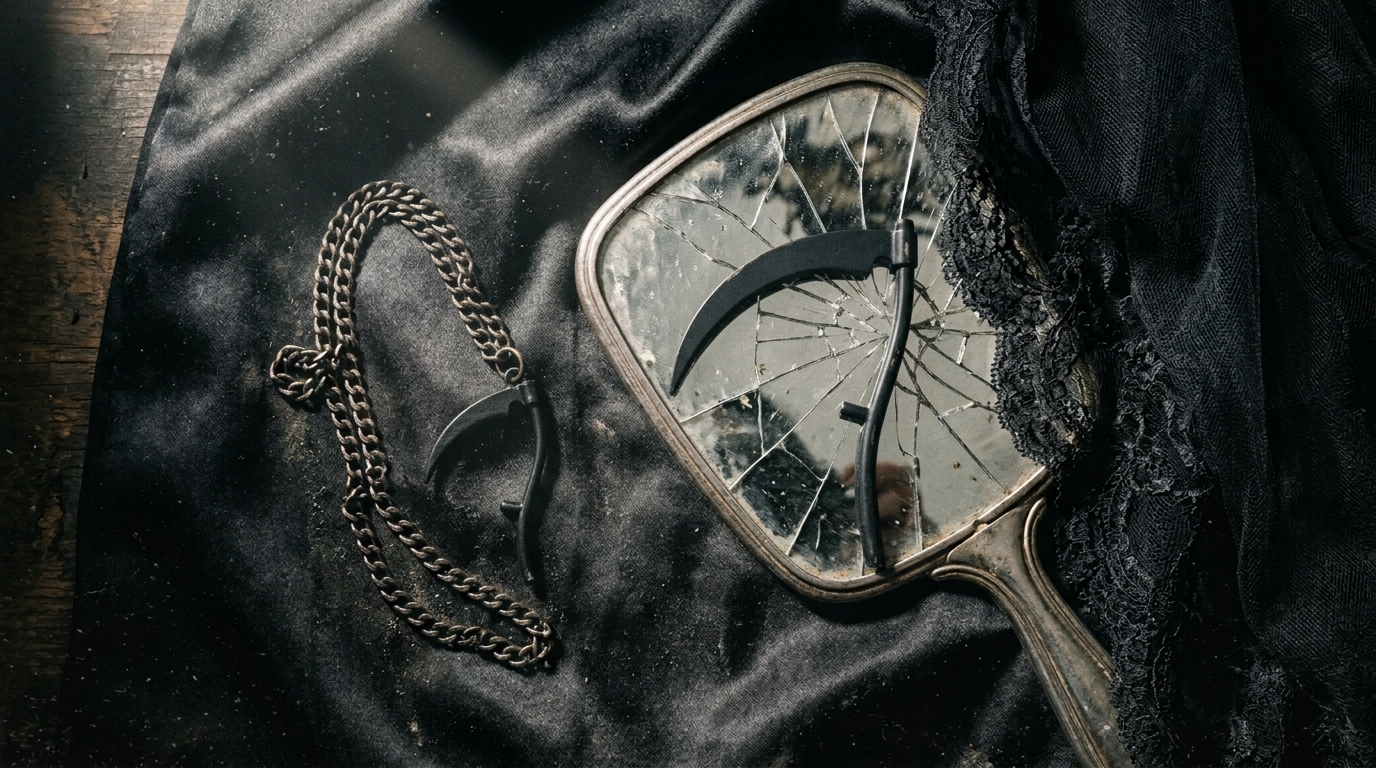 Scythe symbolism in modern storytelling captured as a scythe pendant cutting across a cracked mirror under harsh light