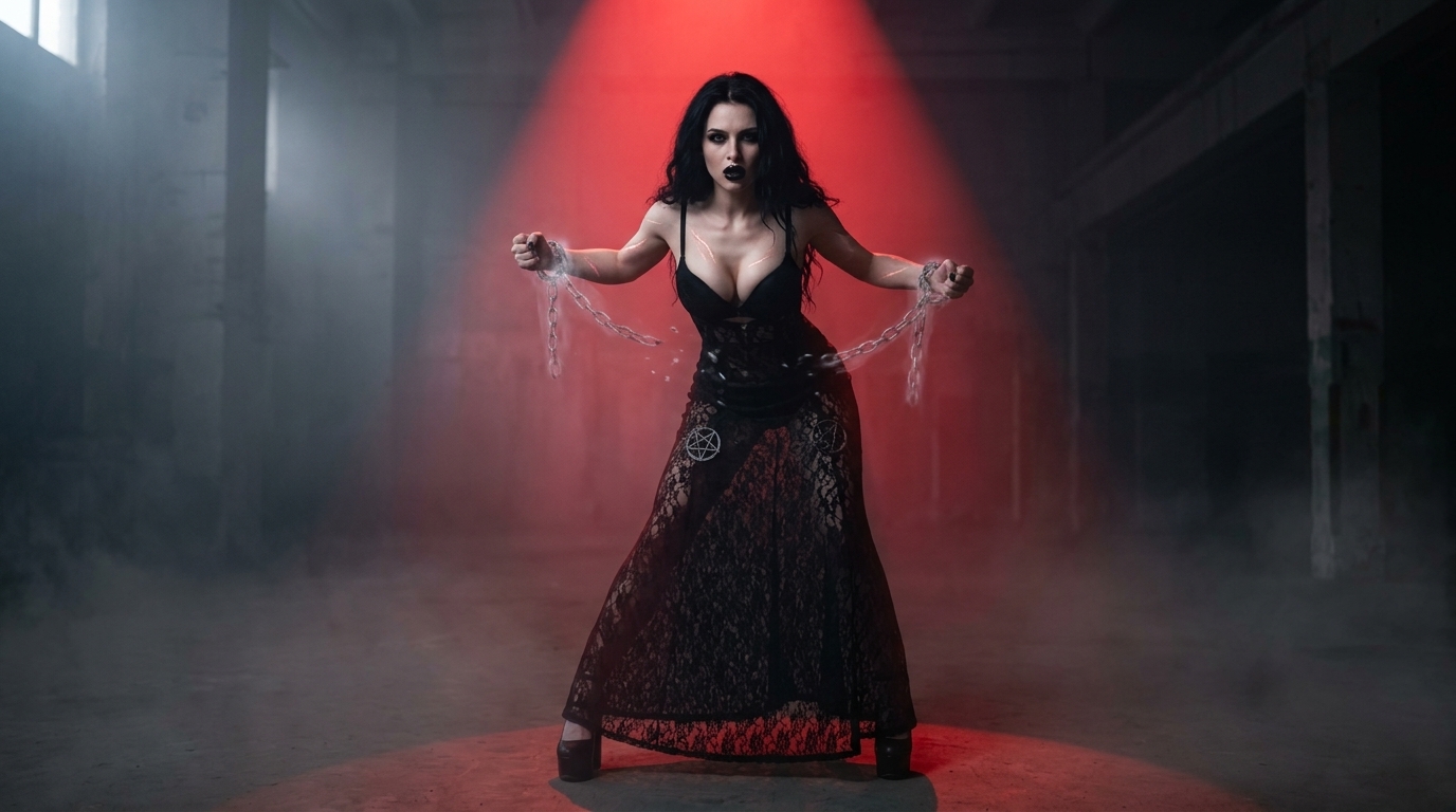 Rise of Lady Macabre transformation: gothic woman breaking chains in empowering shadow ritual