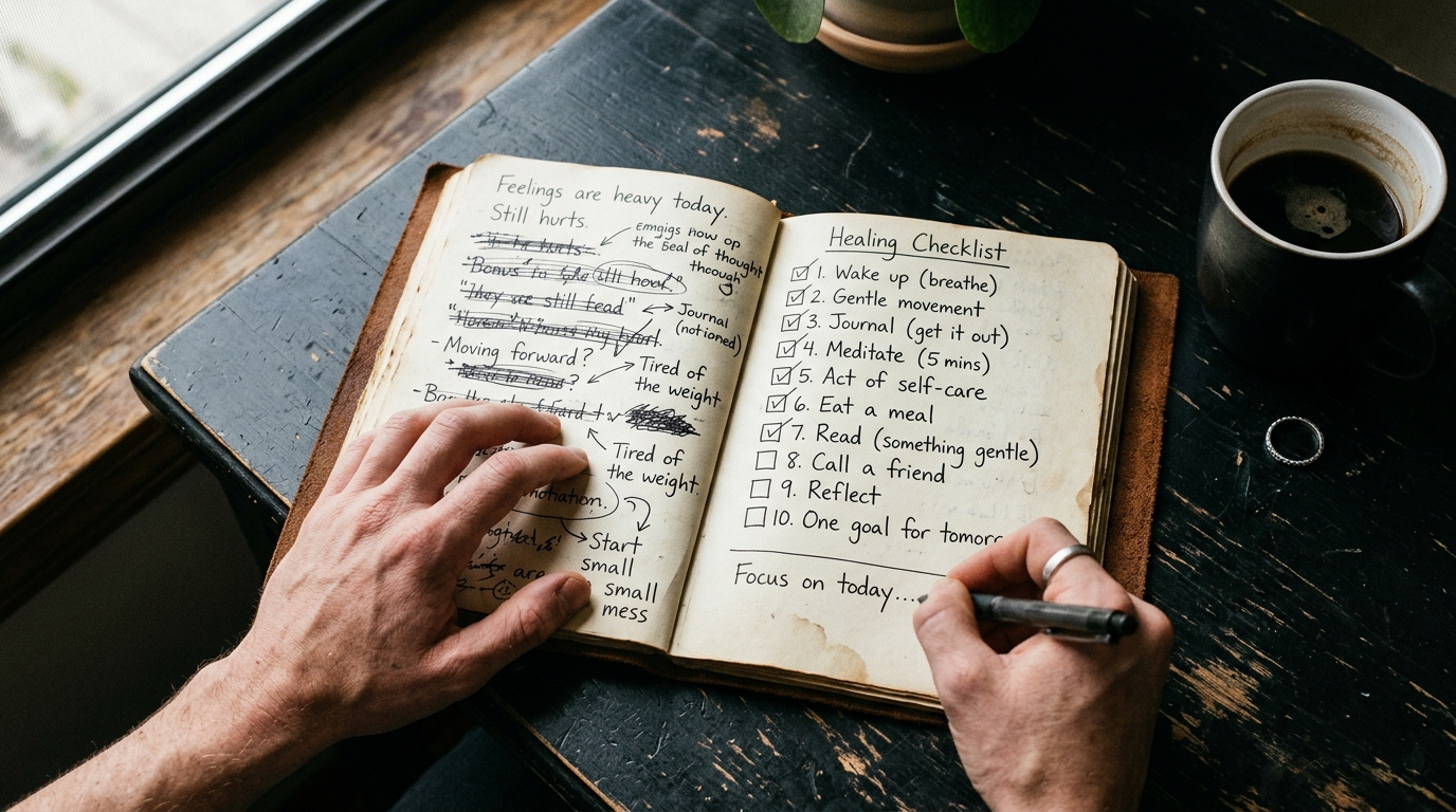 Emotional betrayal recovery steps written in a journal during a quiet healing morning
