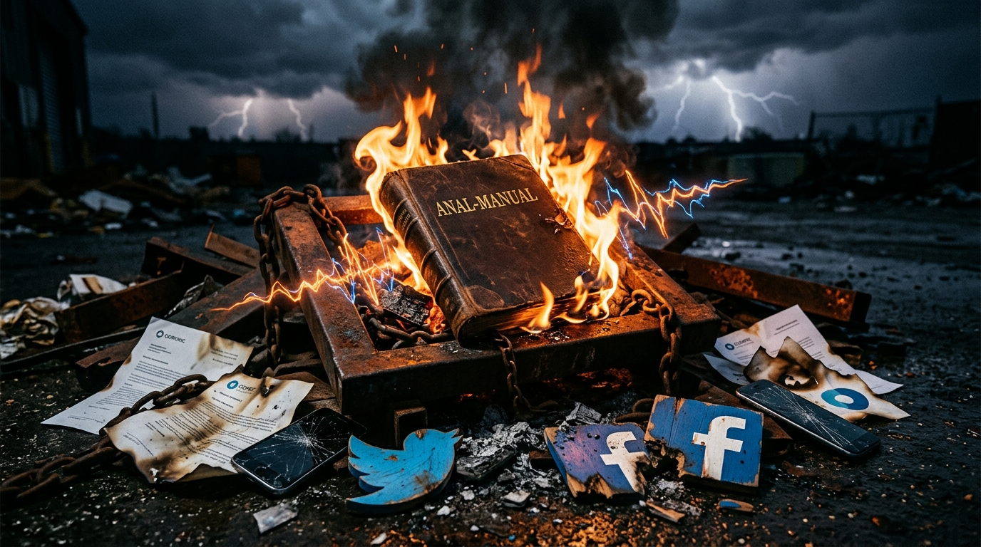 Breaking free from the anal-manual: burning corporate rulebook in fiery personal rebellion scene