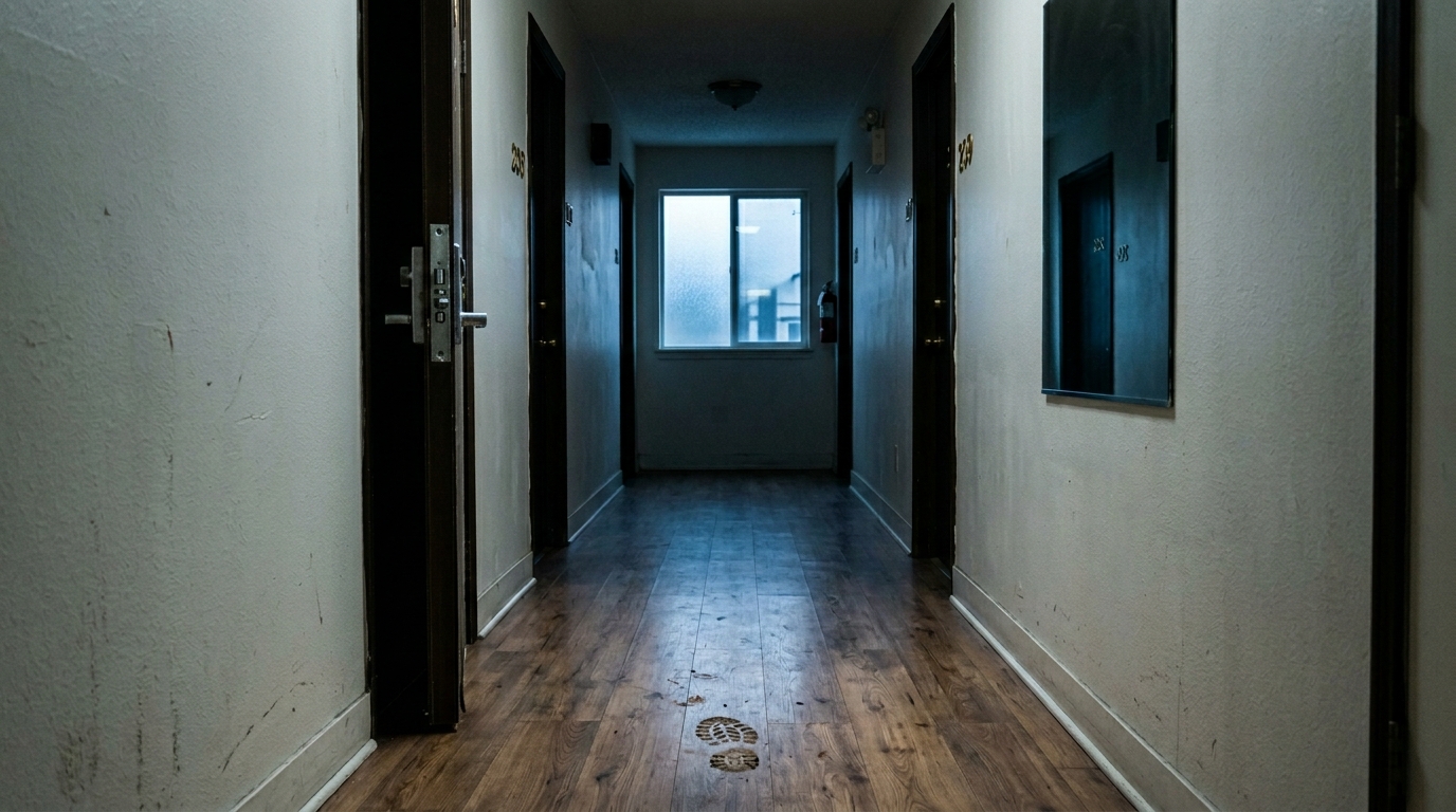 Aftermath of vigilante actions shown as an ajar door, boot print, and distorted mirror in a quiet dawn hallway