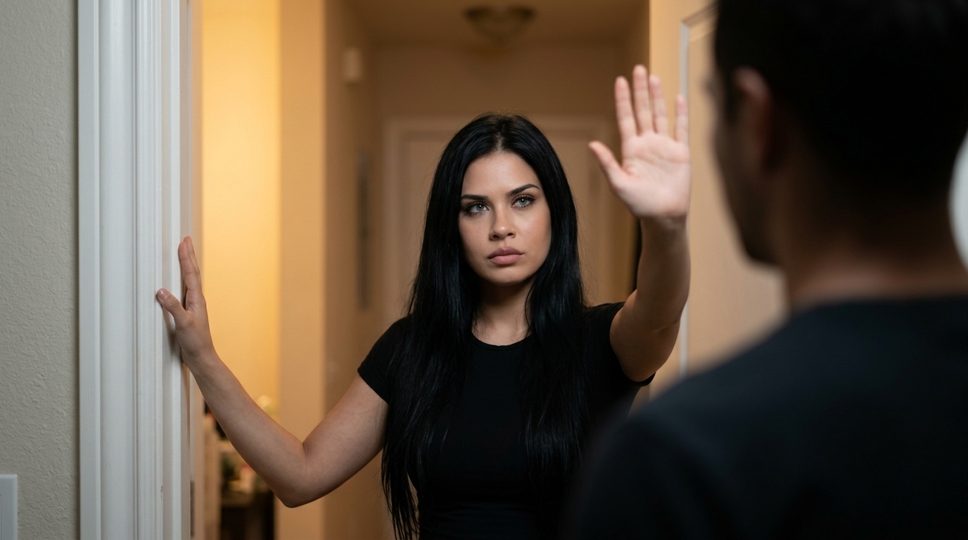 How to set boundaries after betrayal with a calm stop gesture at the door