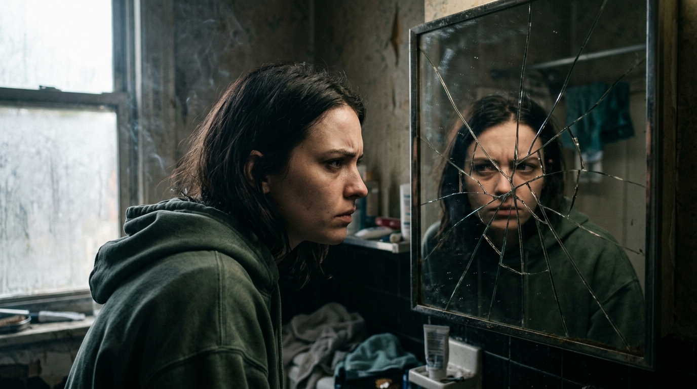 Why people betray the person who helped them shown through a fractured mirror portrait