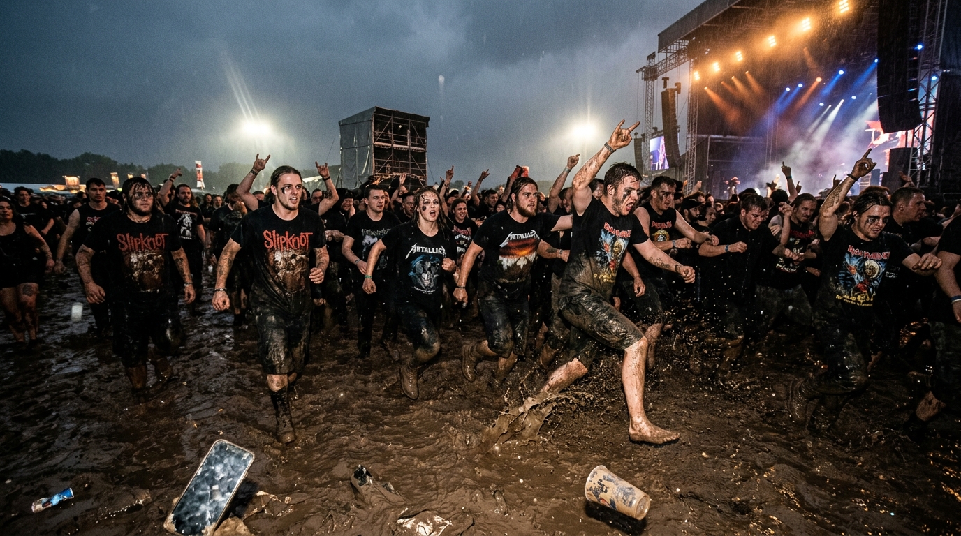 Venomous Sin festival culture rebellion in a rain-soaked mud pit with crowd surge and raw festival energy