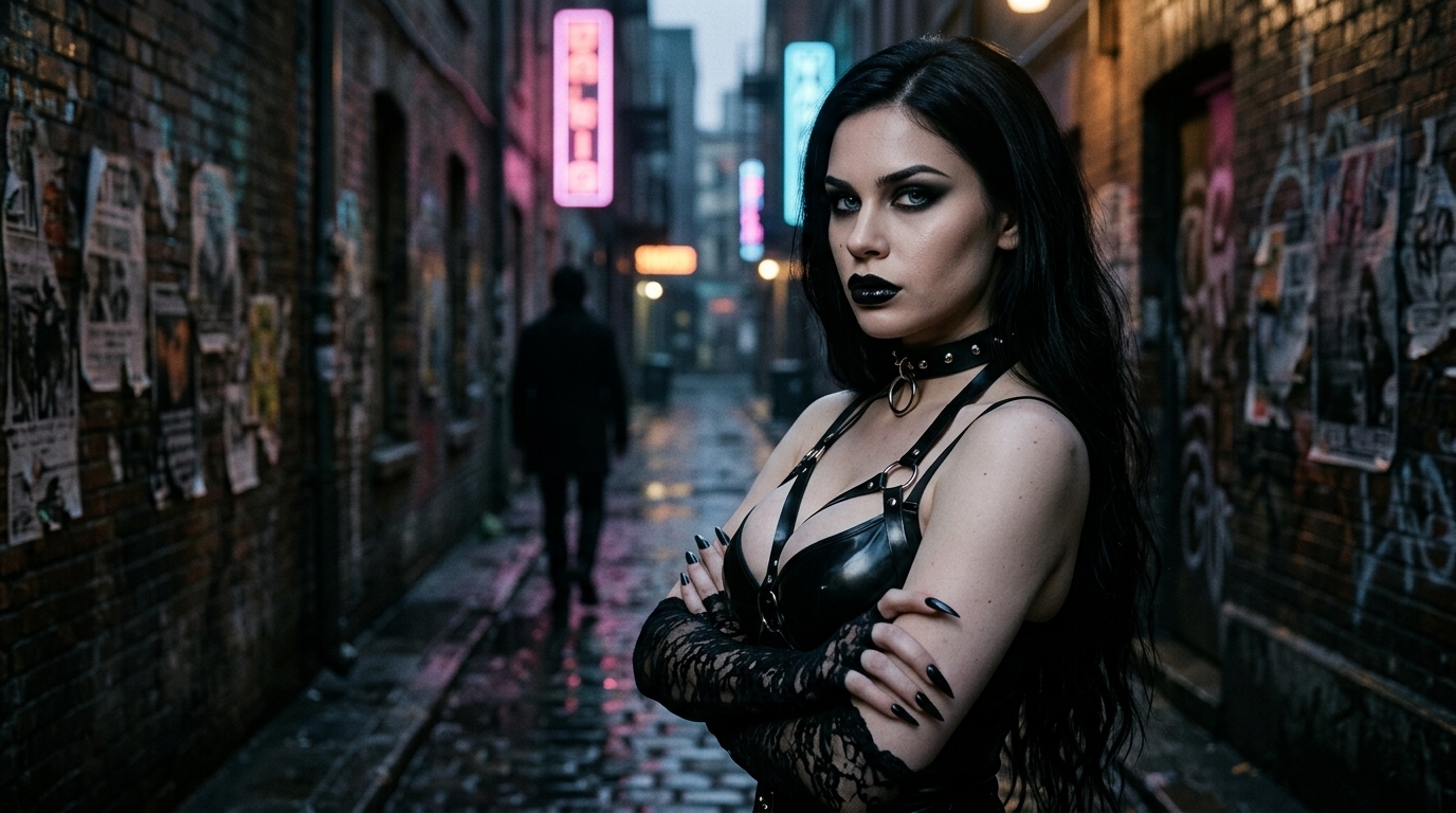 Estranged from father: gothic woman turning away from toxic shadow figure