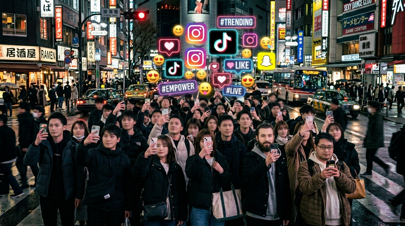 performative empowerment trends depicted as identical filtered faces chasing validation