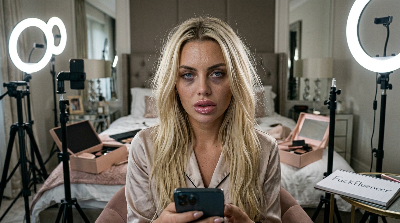 fuckfluencer satirical label captured as influencer exhaustion behind the glamour